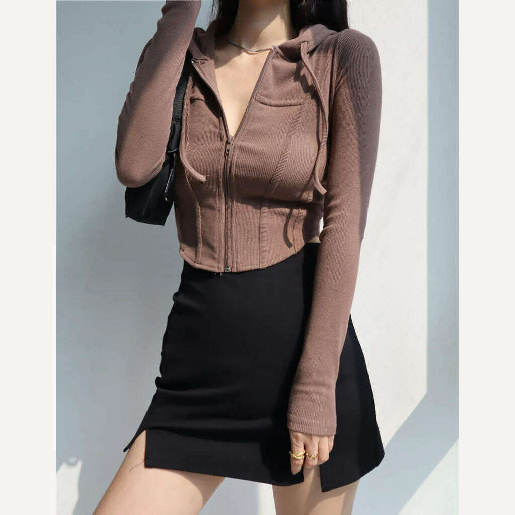 Fall fashion cropped hoodies women zip up hoodie korean fashion sweatshirts hooded cute long sleeve crop top sexy curve hem - KIMLUD