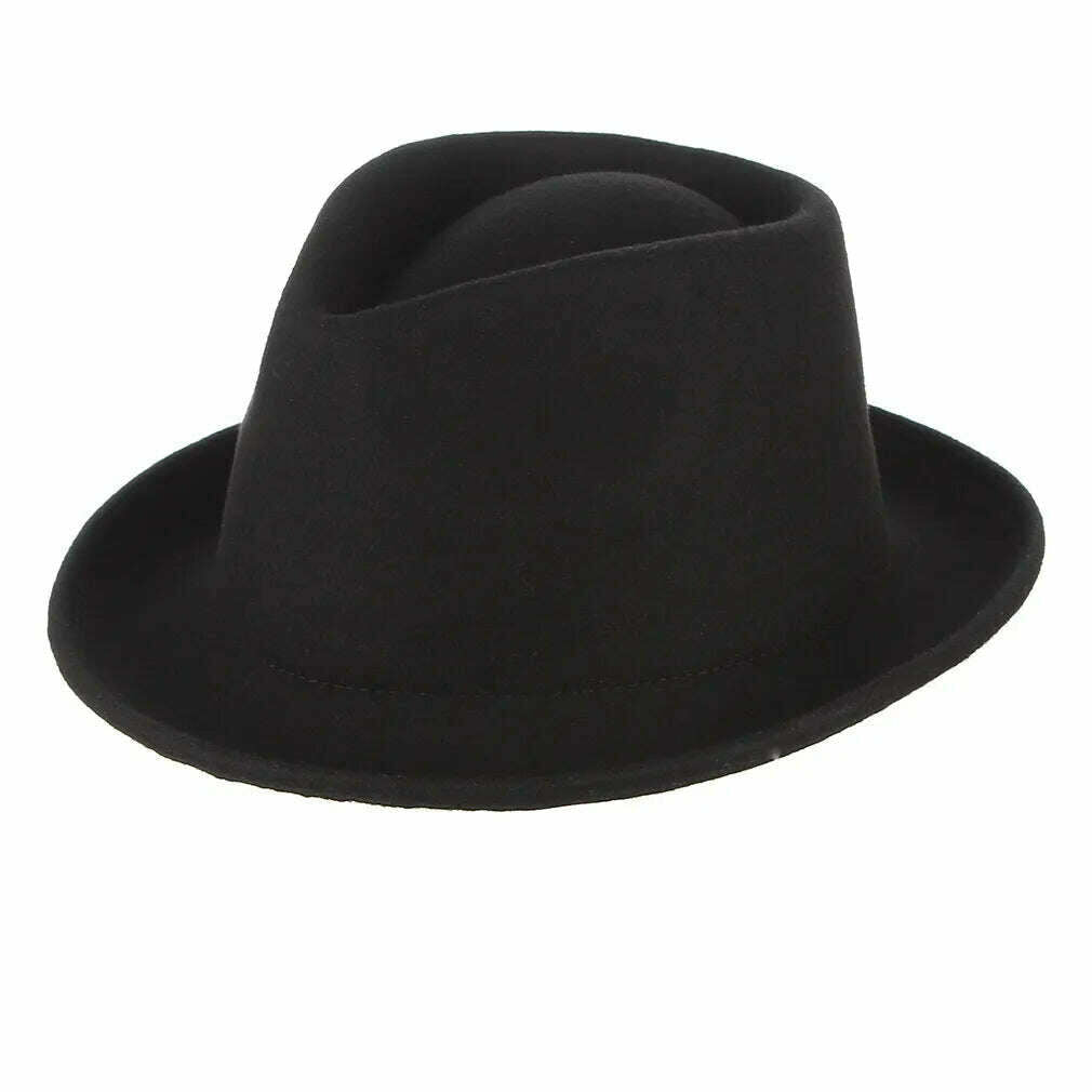 KIMLUD, Fall Winter Men&#39;s Wool Fedoras Hat Male Curled Jazz Fedora Cap Adult European American Black Gentlemen Fashion Party Hats H7221, Black / 58cm, KIMLUD Womens Clothes