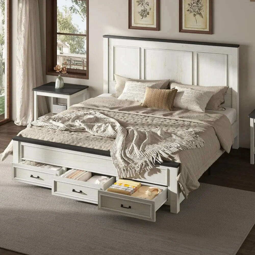 KIMLUD, Farmhouse King Size Bed Frame with Tall -Panel Headboard & Footboard, Wood Platform Bed Frame with 3 Large Storag Drawers, KIMLUD Womens Clothes