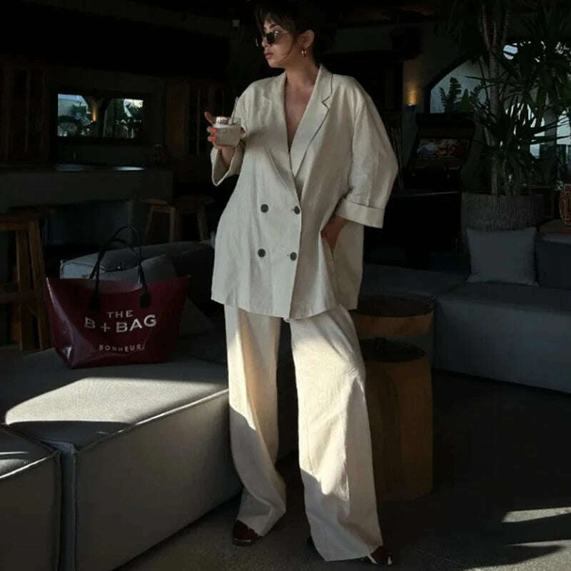 KIMLUD, Fashion 2 Piece Sets Women Outfit Elegant Double Breasted Blazer Jacket Wide Leg Pants Set High Street Office Lady Loose Suit, KIMLUD Womens Clothes