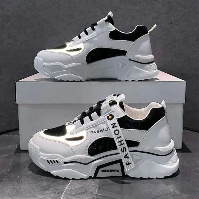 KIMLUD, Fashion 2022 Spring Reflective Platform Sneakers Women Shoes Korean Lace Up Chunky Sneakers Mixed Color Women&#39;s Vulcanize Shoes, KIMLUD Womens Clothes