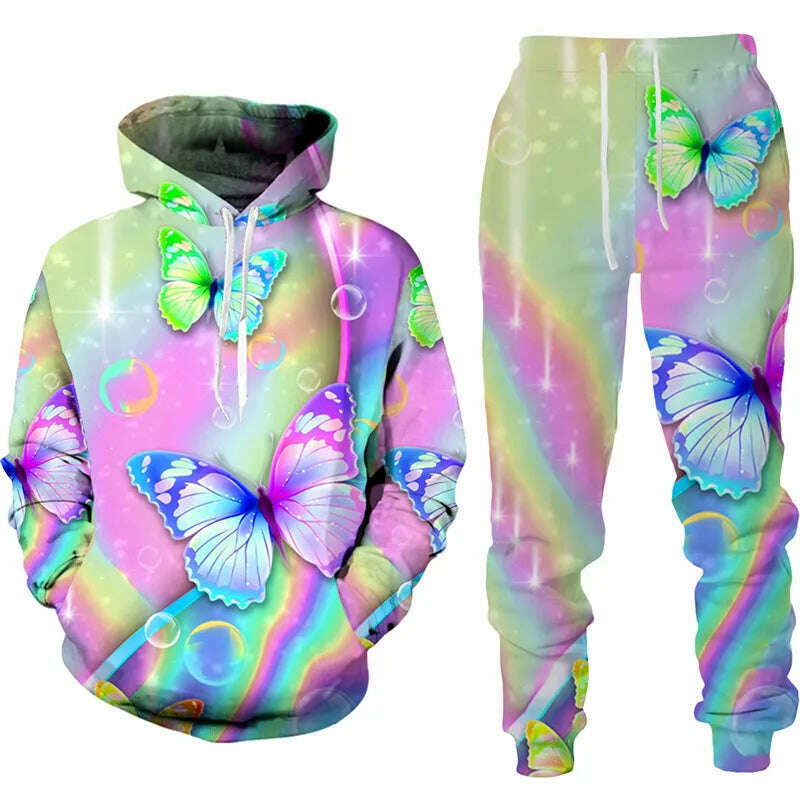KIMLUD, Fashion 3d Butterfly Print Two Piece Sets for Women Casual Hooded Sweatshirt/Pants/Suit Chic and Elegant Female Clothing, S-4 / S / China, KIMLUD APPAREL - Womens Clothes