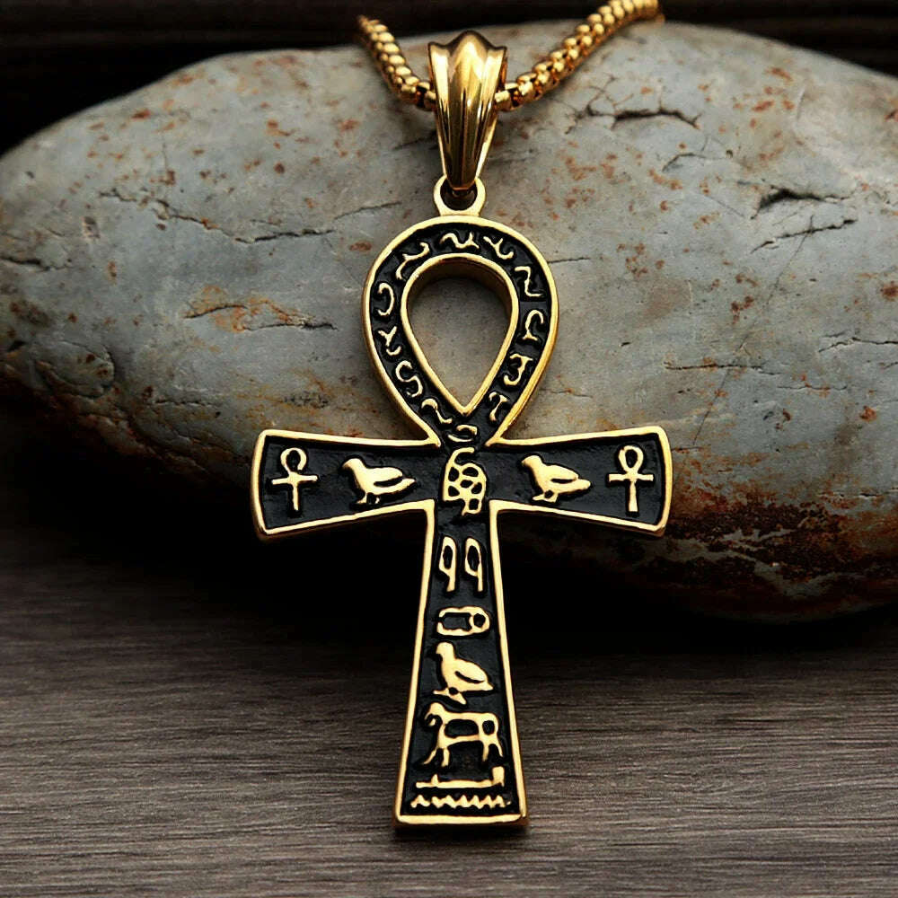 Fashion Ancient Egyptian Ankh Cross Necklace For Men Stainless Steel Gold Color/ Silver Color Biker Pendant Amulet Jewelry - KIMLUD