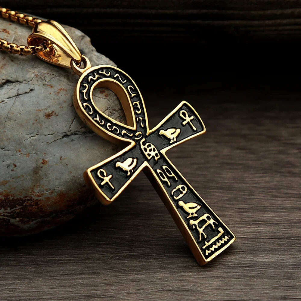 Fashion Ancient Egyptian Ankh Cross Necklace For Men Stainless Steel Gold Color/ Silver Color Biker Pendant Amulet Jewelry - KIMLUD