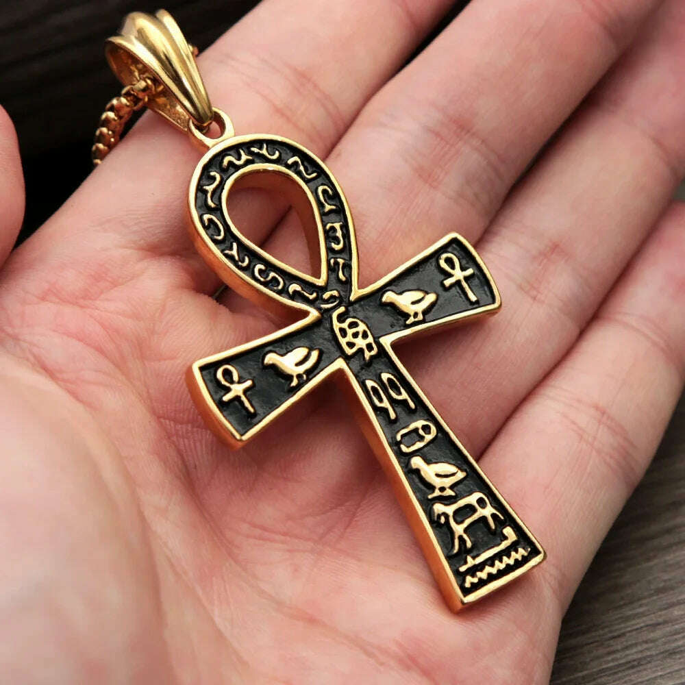 Fashion Ancient Egyptian Ankh Cross Necklace For Men Stainless Steel Gold Color/ Silver Color Biker Pendant Amulet Jewelry - KIMLUD