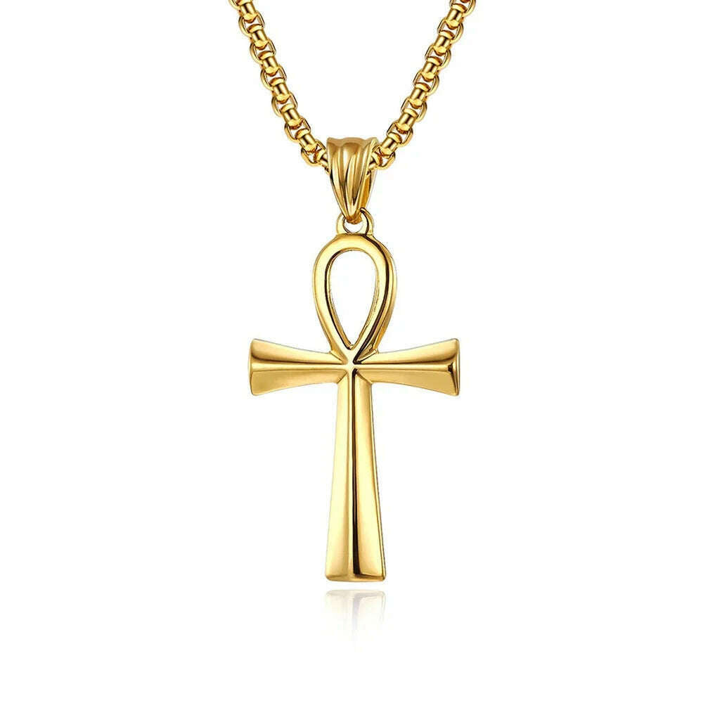 Fashion Ancient Egyptian Ankh Cross Necklace For Men Stainless Steel Gold Color/ Silver Color Biker Pendant Amulet Jewelry - KIMLUD