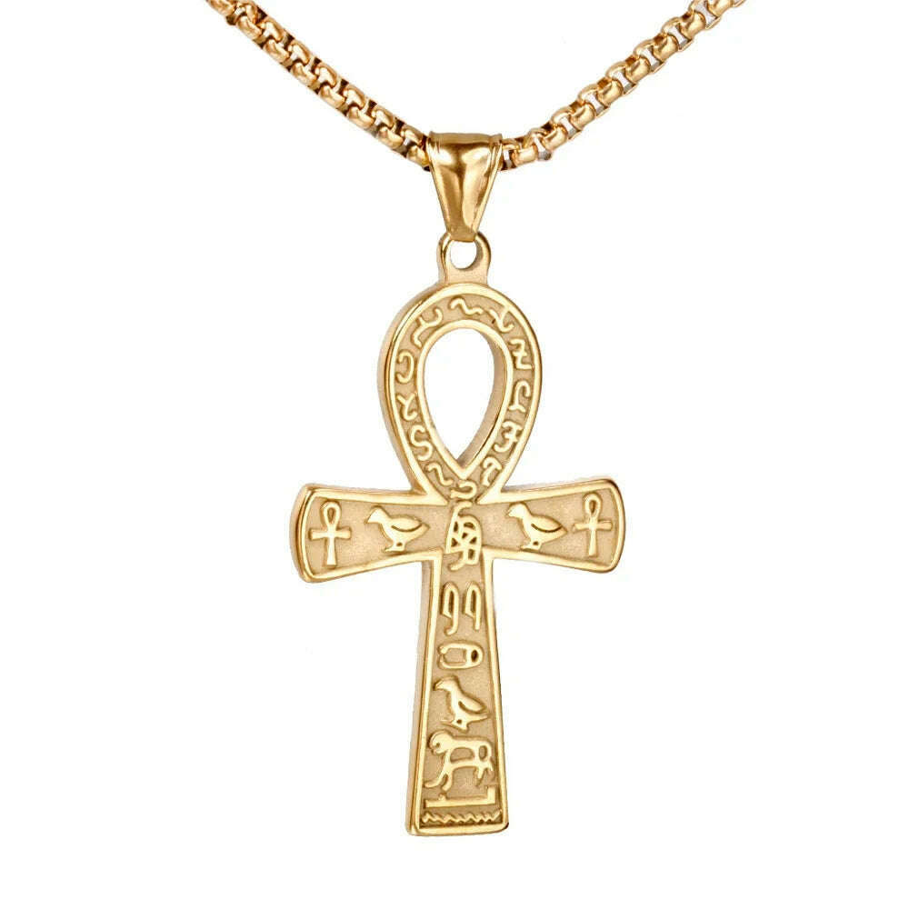 Fashion Ancient Egyptian Ankh Cross Necklace For Men Stainless Steel Gold Color/ Silver Color Biker Pendant Amulet Jewelry - KIMLUD