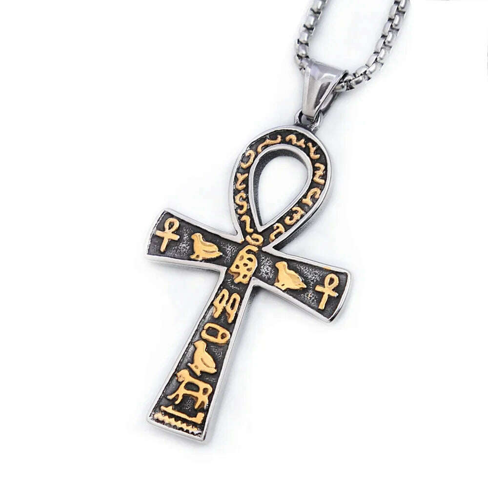 Fashion Ancient Egyptian Ankh Cross Necklace For Men Stainless Steel Gold Color/ Silver Color Biker Pendant Amulet Jewelry - KIMLUD