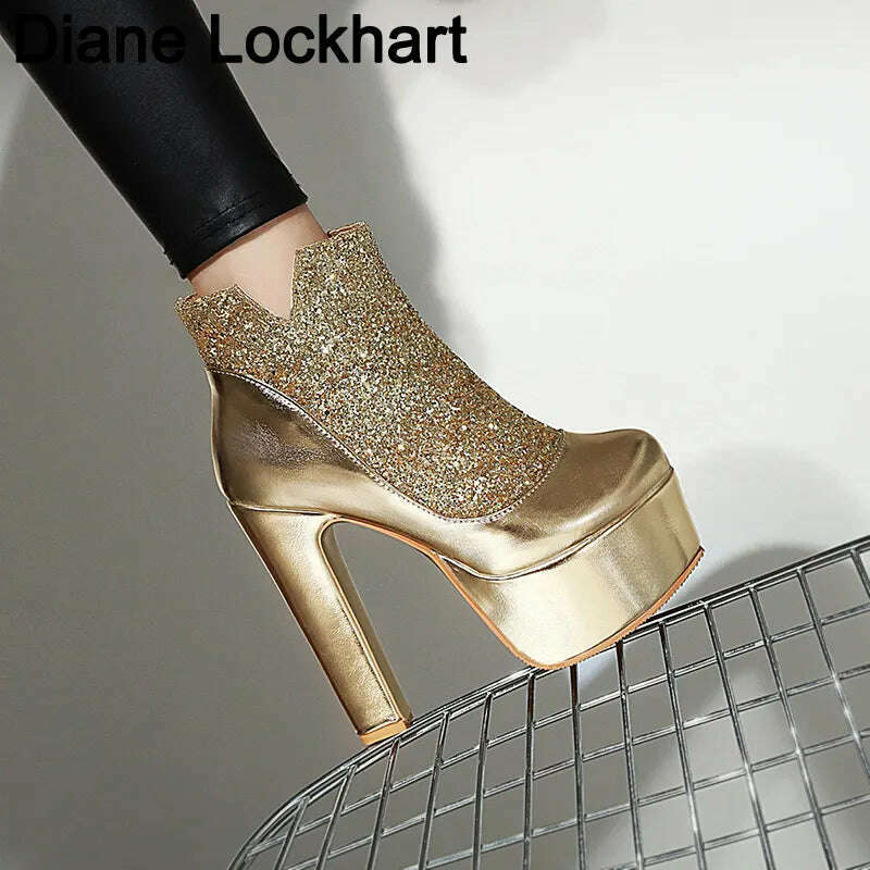 Fashion Ankle Boots For Women Thick Heels Spring Autumn Bling Round Toe Platform Shoes Golden Zipper Ladies Party Boot Mujer - KIMLUD