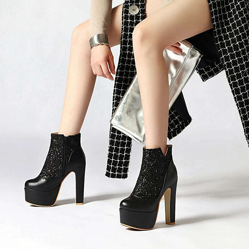 Fashion Ankle Boots For Women Thick Heels Spring Autumn Bling Round Toe Platform Shoes Golden Zipper Ladies Party Boot Mujer - KIMLUD