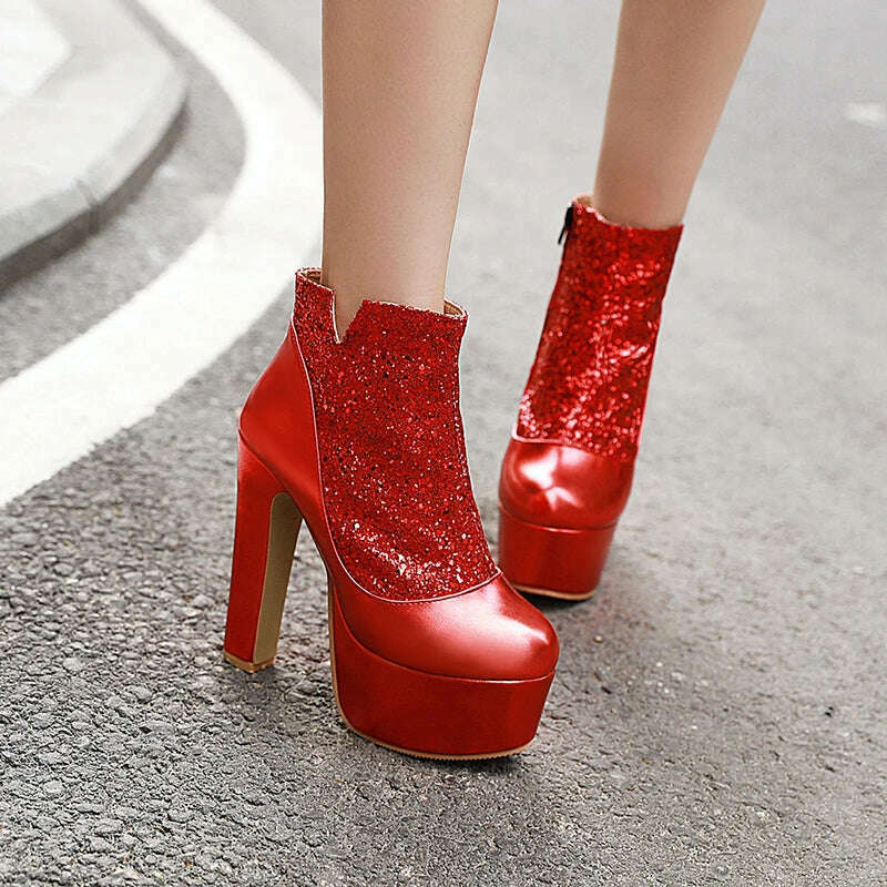 Fashion Ankle Boots For Women Thick Heels Spring Autumn Bling Round Toe Platform Shoes Golden Zipper Ladies Party Boot Mujer - KIMLUD
