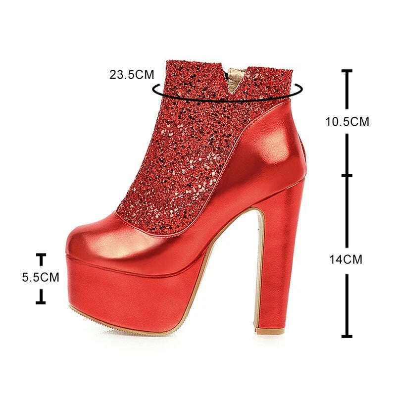 Fashion Ankle Boots For Women Thick Heels Spring Autumn Bling Round Toe Platform Shoes Golden Zipper Ladies Party Boot Mujer - KIMLUD
