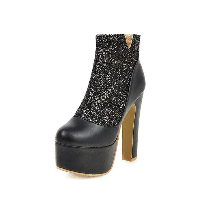 Fashion Ankle Boots For Women Thick Heels Spring Autumn Bling Round Toe Platform Shoes Golden Zipper Ladies Party Boot Mujer - KIMLUD