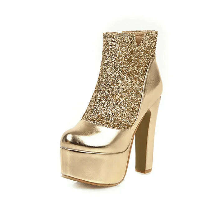 Fashion Ankle Boots For Women Thick Heels Spring Autumn Bling Round Toe Platform Shoes Golden Zipper Ladies Party Boot Mujer - KIMLUD