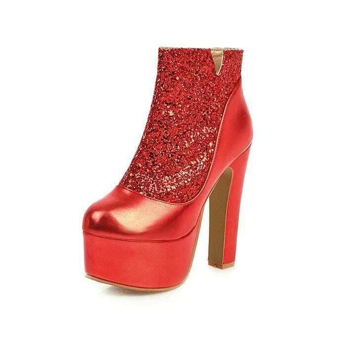 Fashion Ankle Boots For Women Thick Heels Spring Autumn Bling Round Toe Platform Shoes Golden Zipper Ladies Party Boot Mujer - KIMLUD