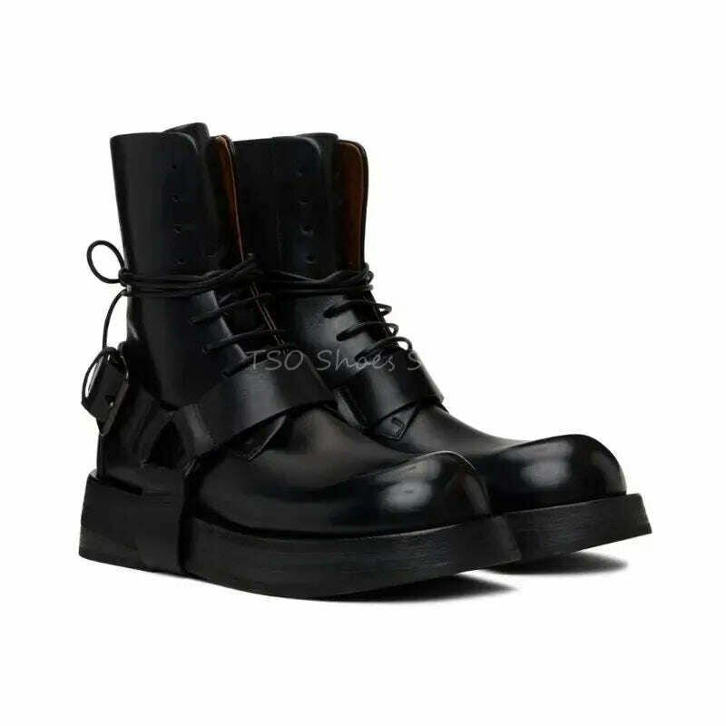 KIMLUD, Fashion Black Leather Men's Lace Up Boots Ankle Men Boots Brand Design New Style Low Heel Men Short Boots, KIMLUD Women's Clothes