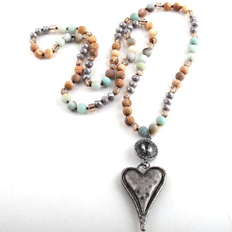 Fashion Bohemian Tribal Jewelry Stone Long Knotted Chain Crystal Links Metal Heart Pendant Necklaces D - KIMLUD