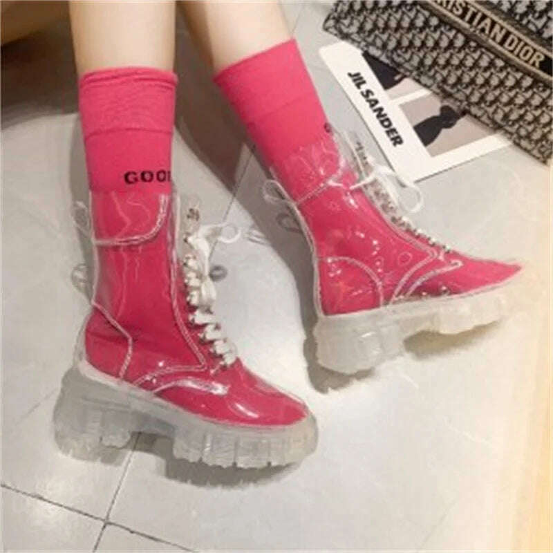 KIMLUD, Fashion boots women's 2022 autumn winter new lace-up transparent  boots net red sponge cake jelly thick-soled ankle boots, Pink / 35, KIMLUD Womens Clothes