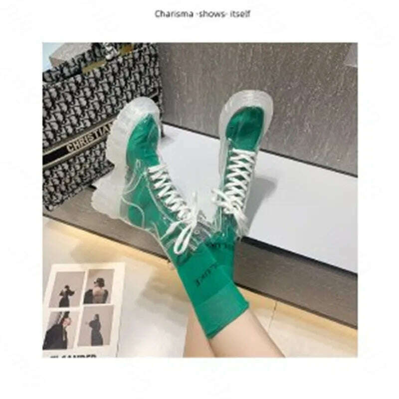 KIMLUD, Fashion boots women's 2022 autumn winter new lace-up transparent  boots net red sponge cake jelly thick-soled ankle boots, Green / 35, KIMLUD Womens Clothes