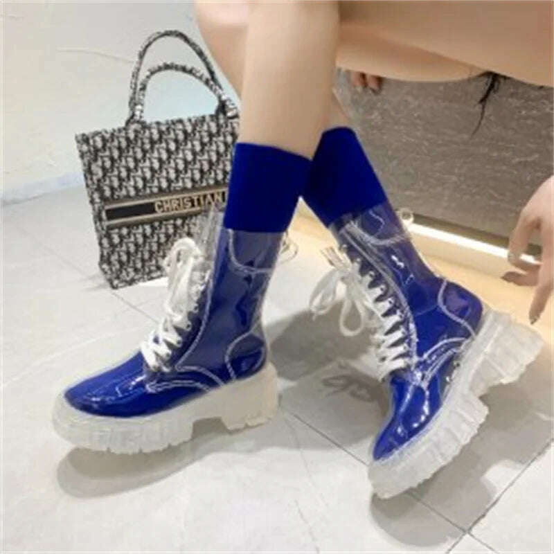 KIMLUD, Fashion boots women's 2022 autumn winter new lace-up transparent  boots net red sponge cake jelly thick-soled ankle boots, Blue / 35, KIMLUD Womens Clothes