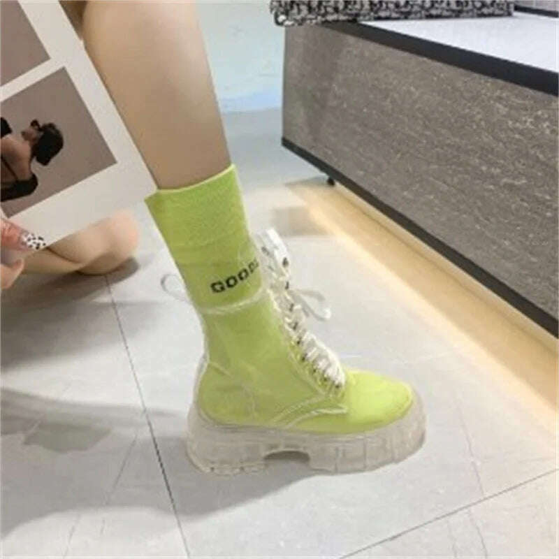 KIMLUD, Fashion boots women's 2022 autumn winter new lace-up transparent  boots net red sponge cake jelly thick-soled ankle boots, fluorescent yellow / 35, KIMLUD Womens Clothes