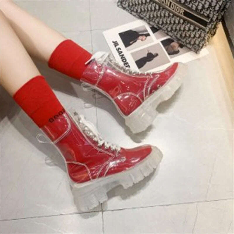 KIMLUD, Fashion boots women's 2022 autumn winter new lace-up transparent  boots net red sponge cake jelly thick-soled ankle boots, Red / 35, KIMLUD Womens Clothes