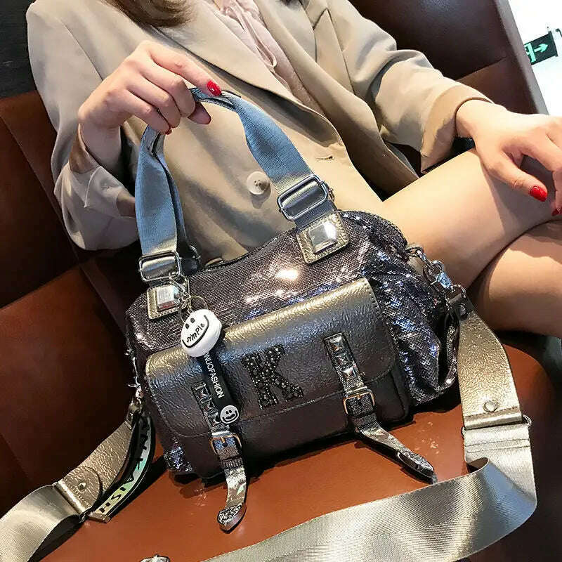 KIMLUD, Fashion Brand 2021 Diamond Leather Shoulder Bag K Letter Luxury Women&#39;s Handbags Sequins Retro Black Crossbody Tote Bag female A, Silver Gun Color, KIMLUD Womens Clothes
