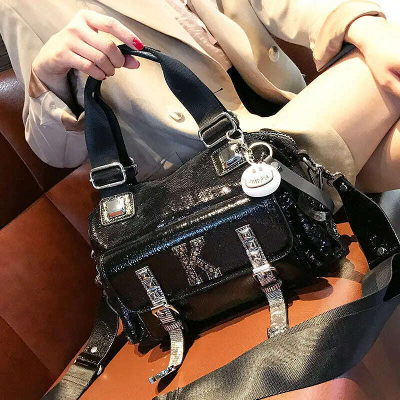 KIMLUD, Fashion Brand 2021 Diamond Leather Shoulder Bag K Letter Luxury Women&#39;s Handbags Sequins Retro Black Crossbody Tote Bag female A, Black, KIMLUD Womens Clothes