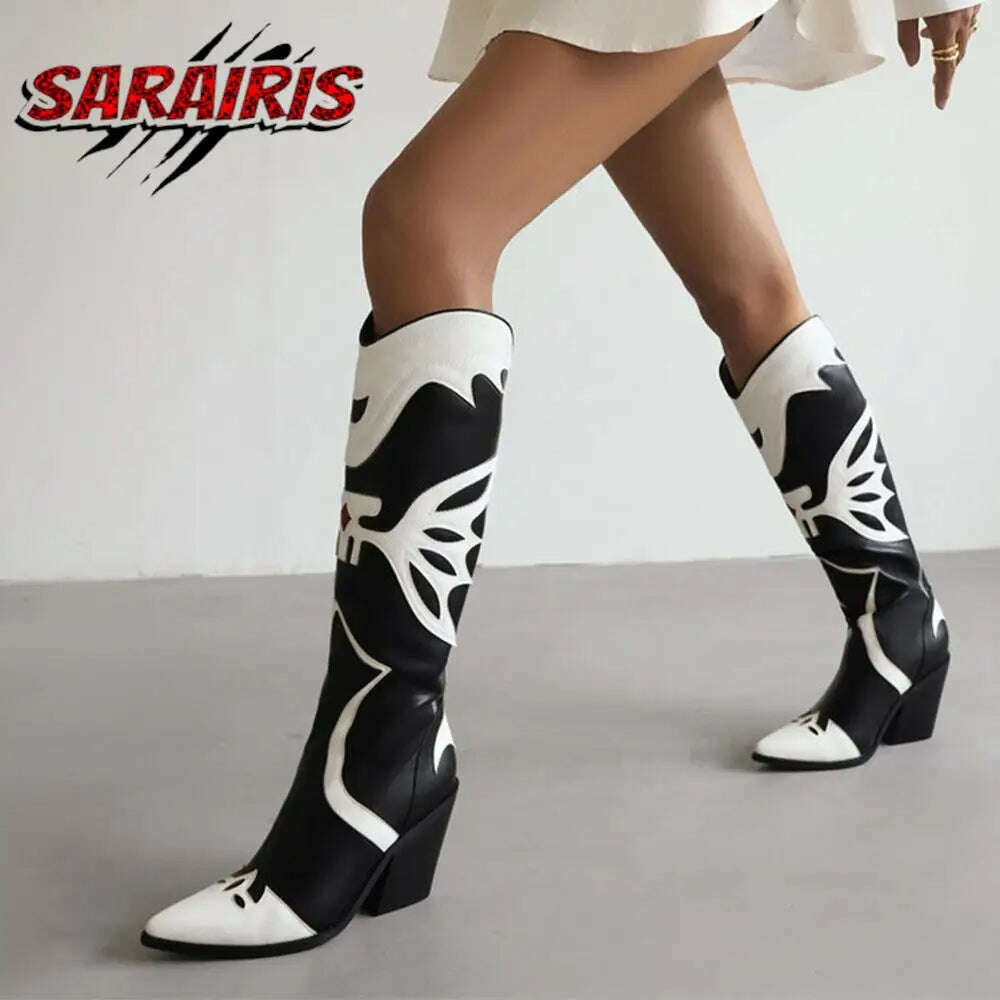 KIMLUD, Fashion Cowgirl Western Boots Non-Slip Mid Calf Block High Heel Platform Shoes Knee High Design Rome Vintage Luxury Boots Woman, KIMLUD Womens Clothes
