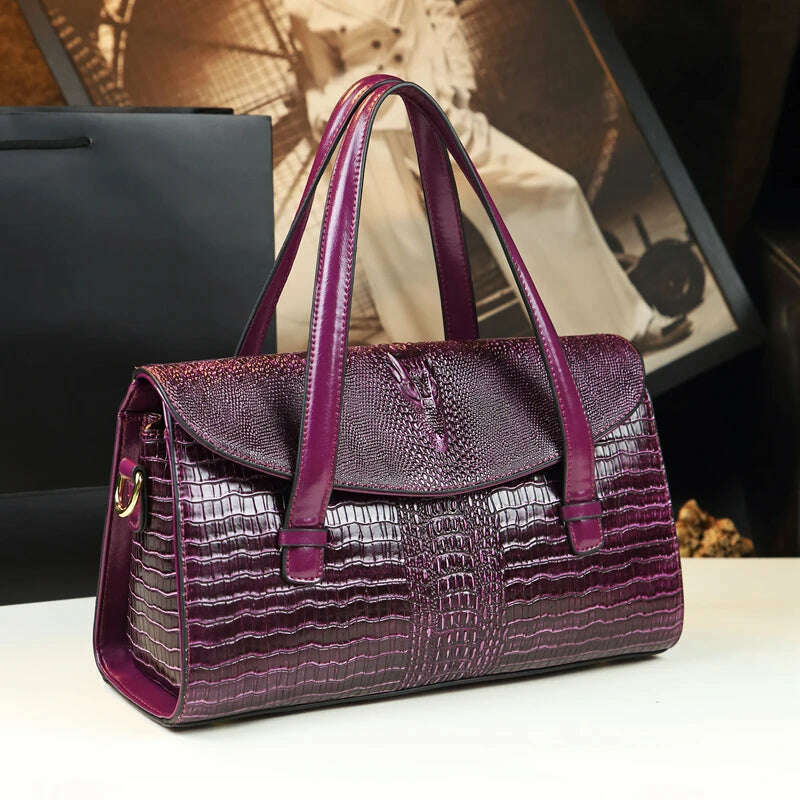 KIMLUD, Fashion Crocodile Pattern Women Handbags Luxury Brand Genuine Leather Lady Mom Tote Bag Shoulder Messenger Bags, PURPLE, KIMLUD Womens Clothes