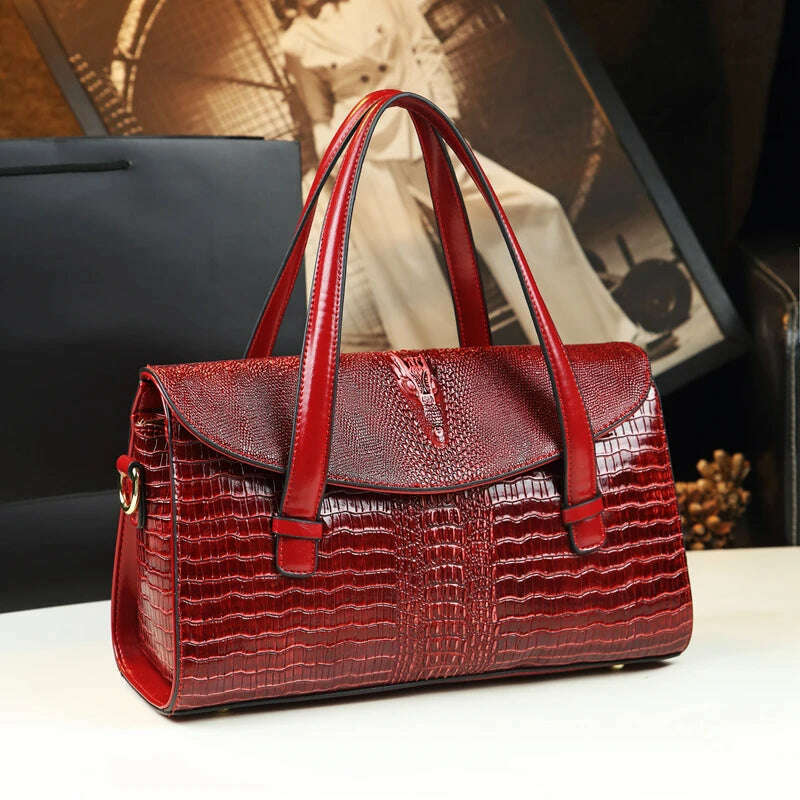 KIMLUD, Fashion Crocodile Pattern Women Handbags Luxury Brand Genuine Leather Lady Mom Tote Bag Shoulder Messenger Bags, Red, KIMLUD Women's Clothes