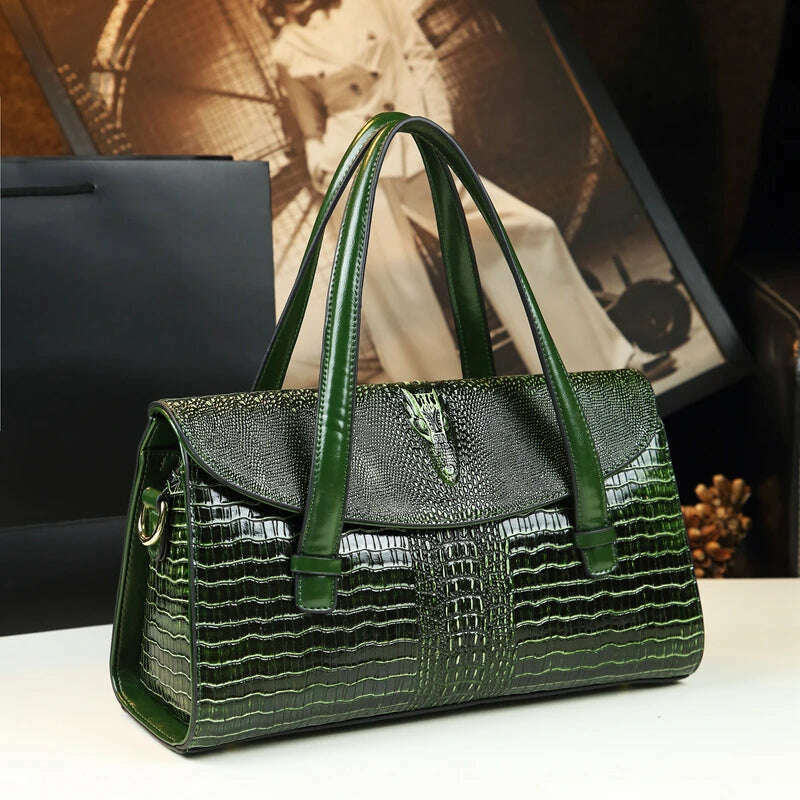 KIMLUD, Fashion Crocodile Pattern Women Handbags Luxury Brand Genuine Leather Lady Mom Tote Bag Shoulder Messenger Bags, green, KIMLUD Women's Clothes