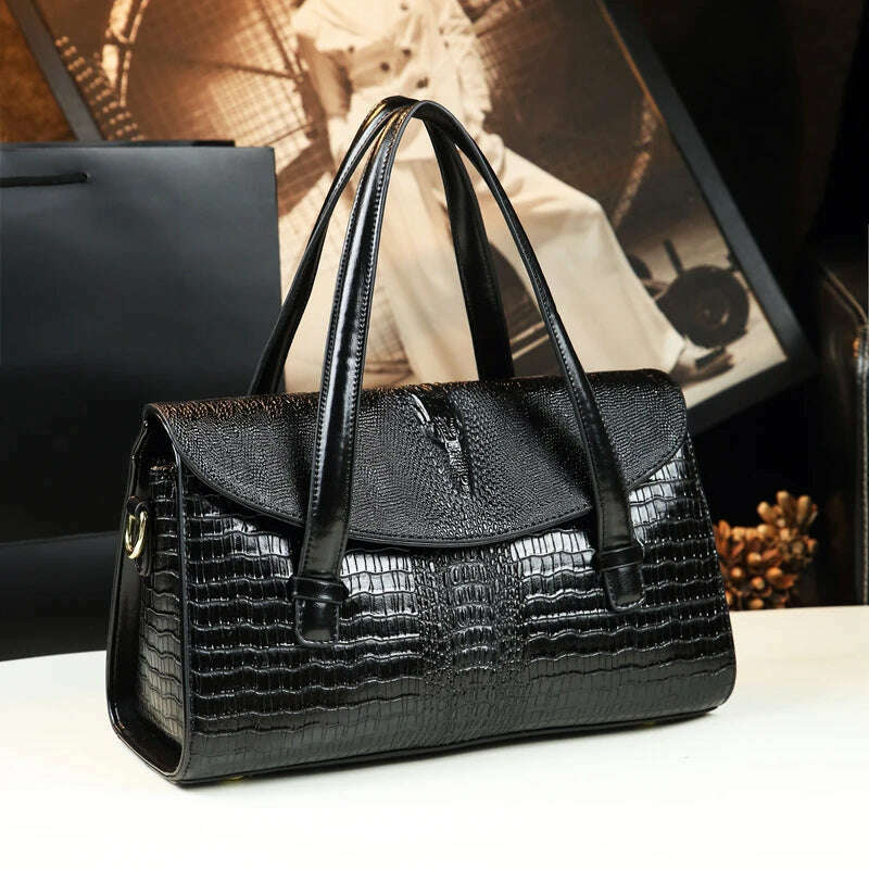 KIMLUD, Fashion Crocodile Pattern Women Handbags Luxury Brand Genuine Leather Lady Mom Tote Bag Shoulder Messenger Bags, black, KIMLUD Women's Clothes