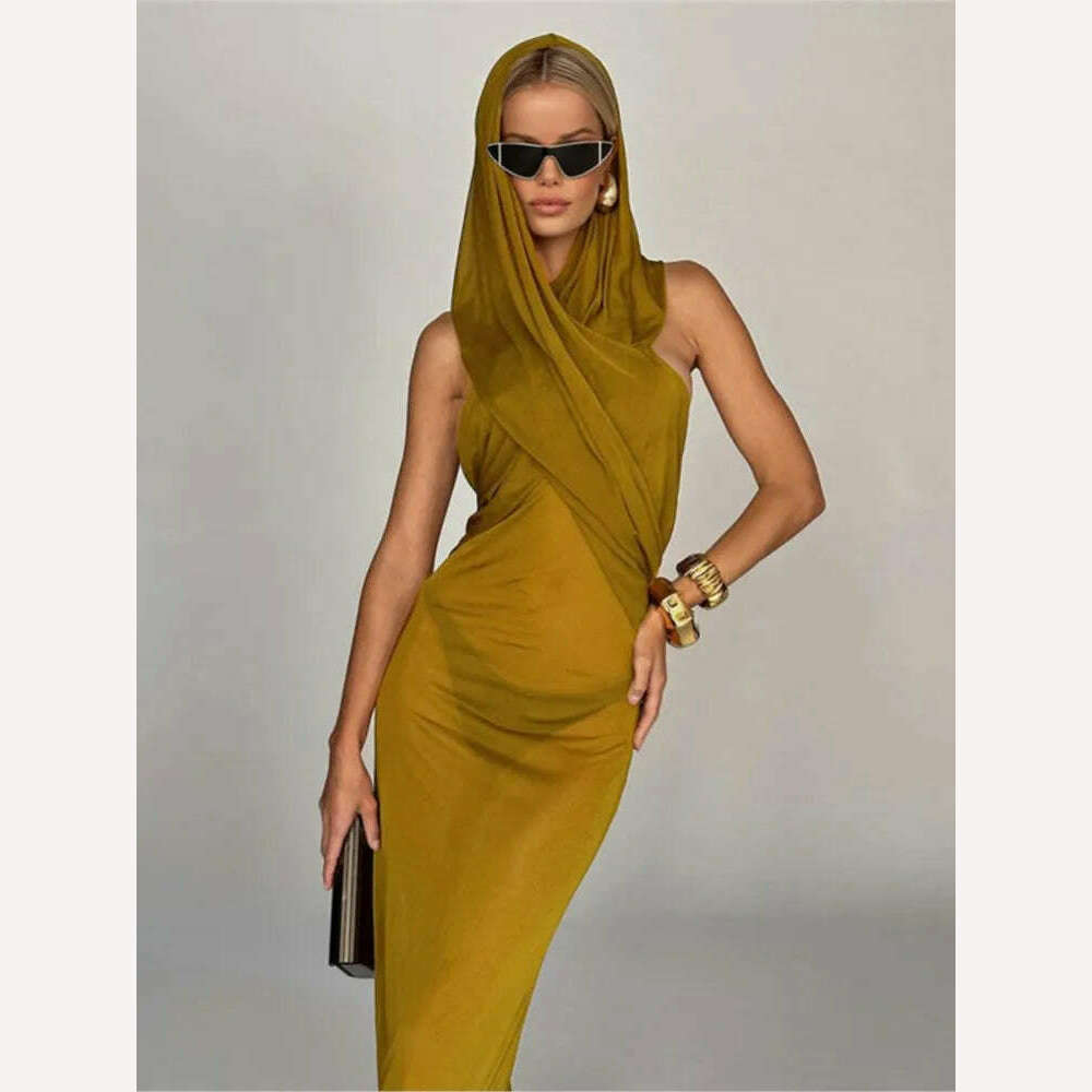 KIMLUD, Fashion Cross Hooded Dress Women Sleeveless Backless Skinny Long Dresses 2023 Summer Elegant Party Club Solid Bodycon Vestidos, KIMLUD Womens Clothes