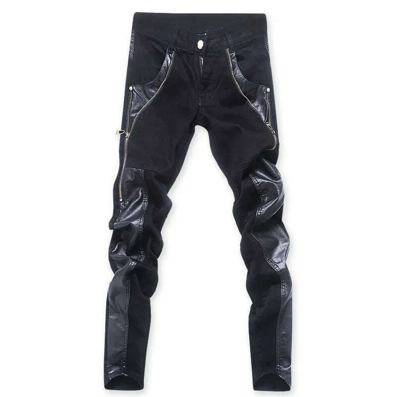 KIMLUD, Fashion Designer Men's Black Zipper Motorcycle Leather Pants Korean Slim Skinny splice Leather Pants Fashion Men's Denim Pants, KIMLUD Women's Clothes