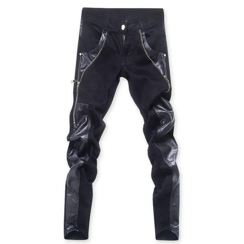 KIMLUD, Fashion Designer Men's Black Zipper Motorcycle Leather Pants Korean Slim Skinny splice Leather Pants Fashion Men's Denim Pants, KIMLUD Womens Clothes