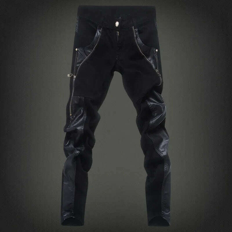 KIMLUD, Fashion Designer Men's Black Zipper Motorcycle Leather Pants Korean Slim Skinny splice Leather Pants Fashion Men's Denim Pants, black / 28, KIMLUD Women's Clothes