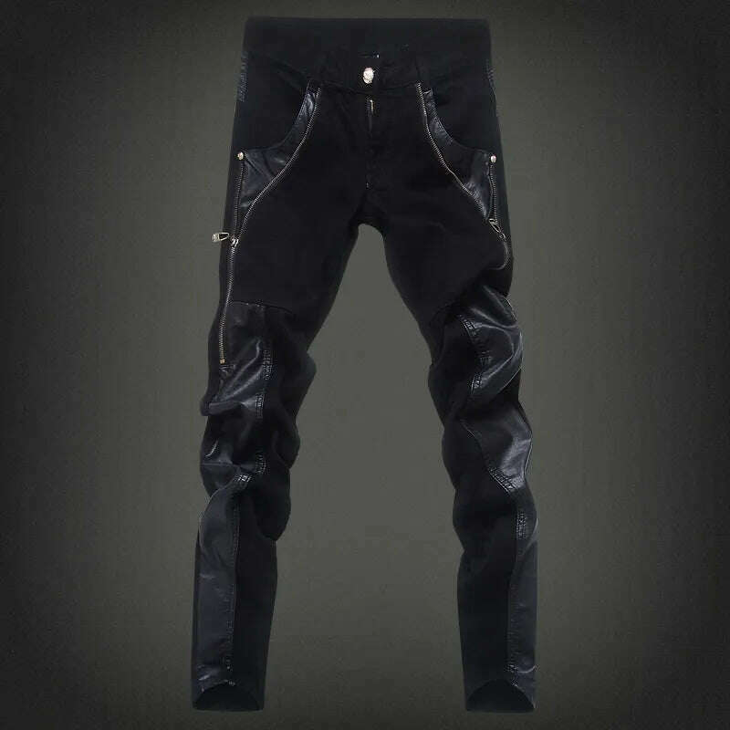 Fashion Designer Men's Black Zipper Motorcycle Leather Pants Korean Slim Skinny splice Leather Pants Fashion Men's Denim Pants - KIMLUD