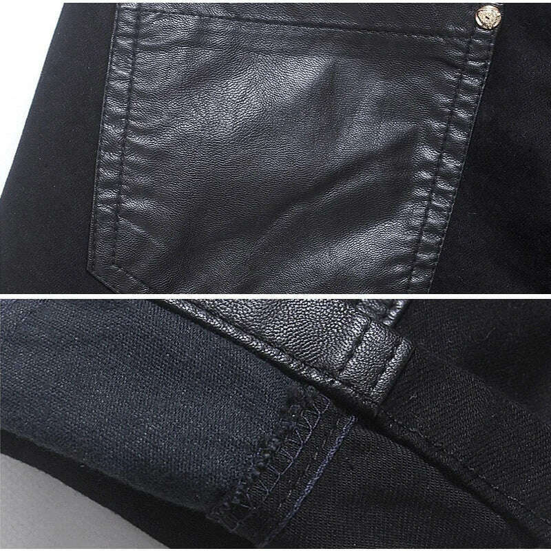 Fashion Designer Men's Black Zipper Motorcycle Leather Pants Korean Slim Skinny splice Leather Pants Fashion Men's Denim Pants - KIMLUD
