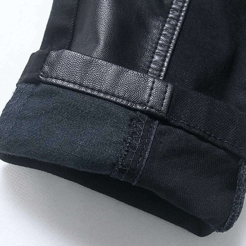 Fashion Designer Men's Black Zipper Motorcycle Leather Pants Korean Slim Skinny splice Leather Pants Fashion Men's Denim Pants - KIMLUD