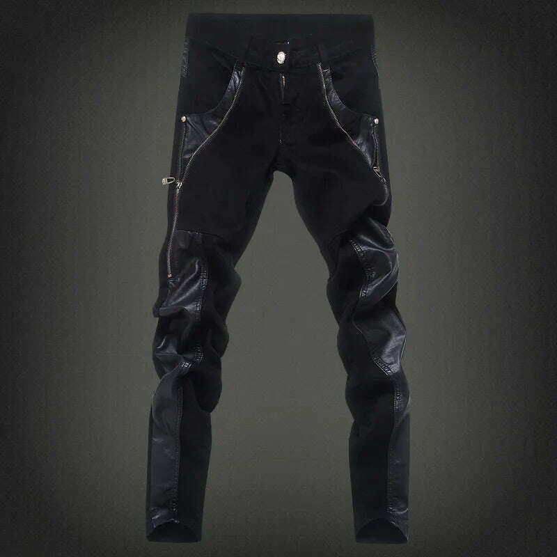 KIMLUD, Fashion Designer Men's Black Zipper Motorcycle Leather Pants Korean Slim Skinny splice Leather Pants Fashion Men's Denim Pants, KIMLUD Women's Clothes
