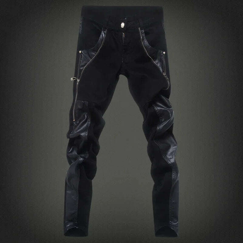 Fashion Designer Men's Black Zipper Motorcycle Leather Pants Korean Slim Skinny splice Leather Pants Fashion Men's Denim Pants - KIMLUD