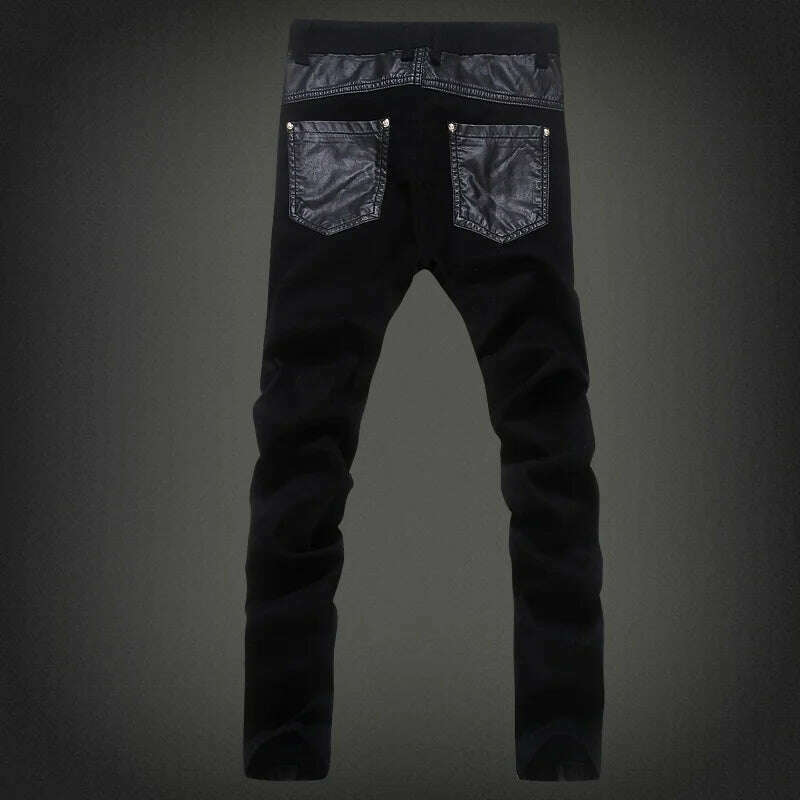 Fashion Designer Men's Black Zipper Motorcycle Leather Pants Korean Slim Skinny splice Leather Pants Fashion Men's Denim Pants - KIMLUD