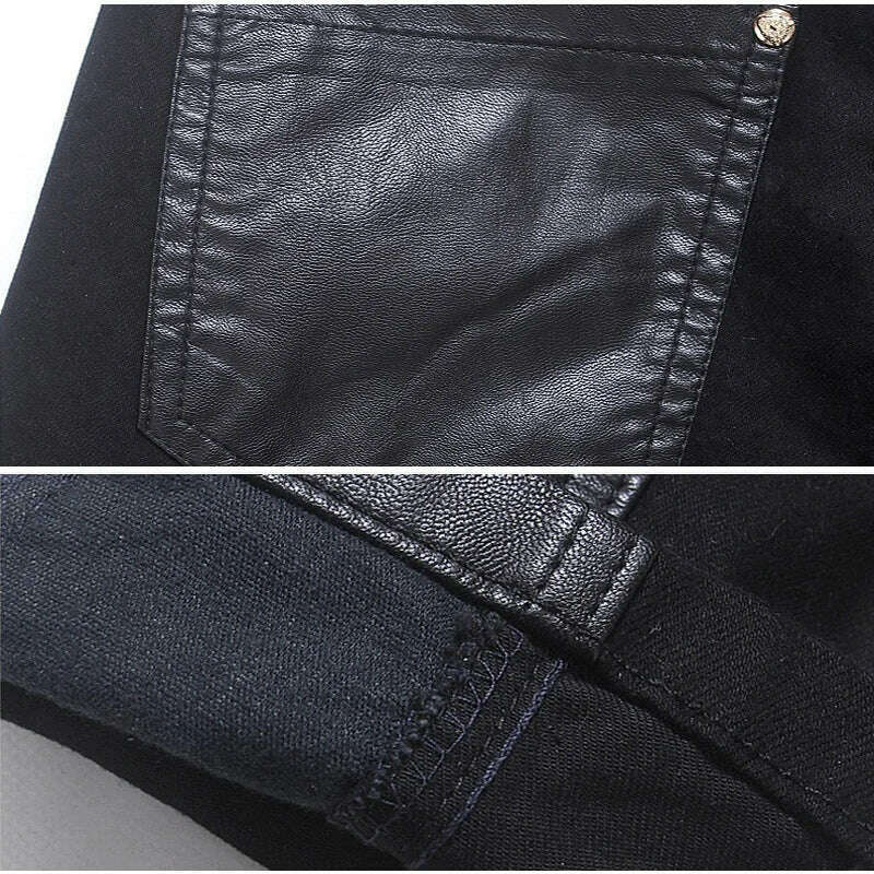 KIMLUD, Fashion Designer Men's Black Zipper Motorcycle Leather Pants Korean Slim Skinny splice Leather Pants Fashion Men's Denim Pants, KIMLUD Womens Clothes