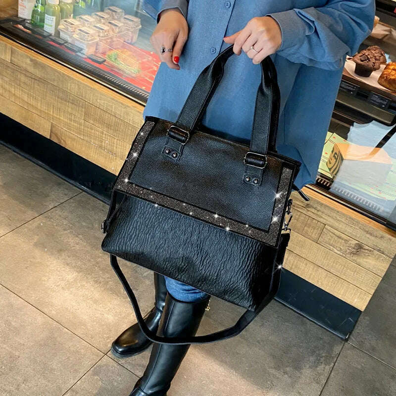 KIMLUD, Fashion Diamond Cowhide Portable Bag Women&#39;s Handbags 2021 new large capacity genuine leather shoulder messenger bag tote bags, KIMLUD Women's Clothes