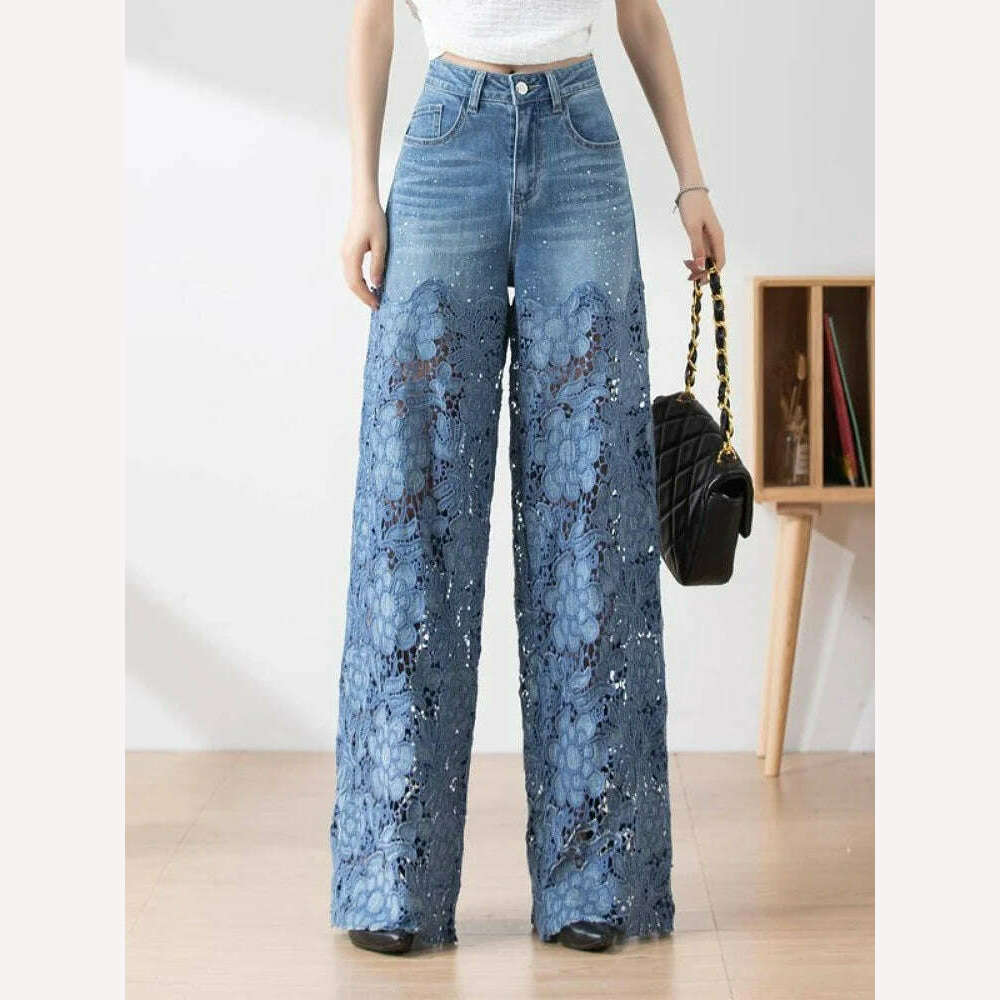 KIMLUD, Fashion Elegant Jeans For Women High Waist Lace Patchwork Pantalones Hollow Out Denim Trousers Casual Loose All Match Pants 2024, KIMLUD Womens Clothes