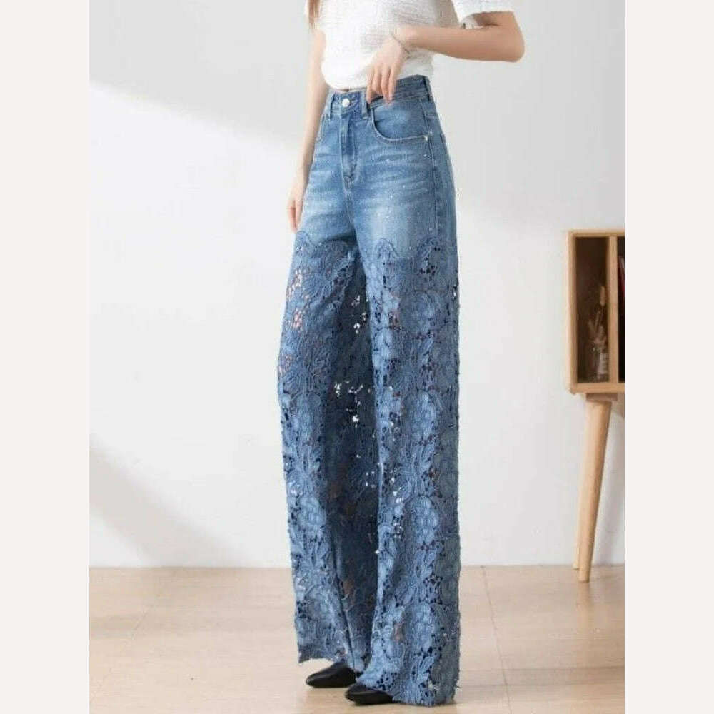 KIMLUD, Fashion Elegant Jeans For Women High Waist Lace Patchwork Pantalones Hollow Out Denim Trousers Casual Loose All Match Pants 2024, KIMLUD Womens Clothes