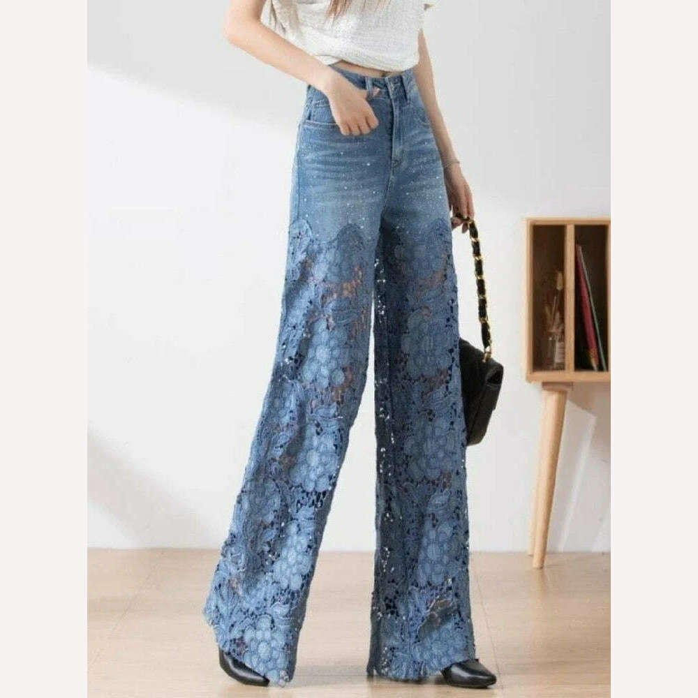 KIMLUD, Fashion Elegant Jeans For Women High Waist Lace Patchwork Pantalones Hollow Out Denim Trousers Casual Loose All Match Pants 2024, KIMLUD Womens Clothes