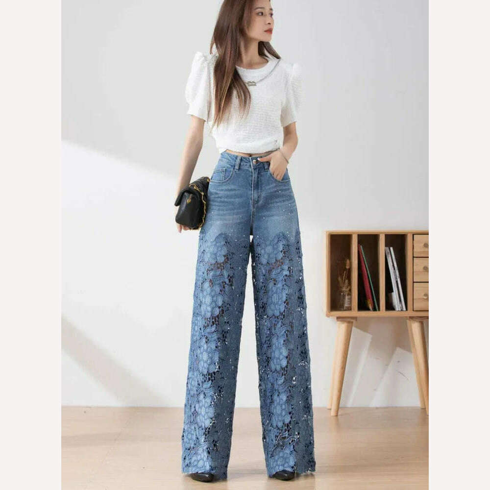 KIMLUD, Fashion Elegant Jeans For Women High Waist Lace Patchwork Pantalones Hollow Out Denim Trousers Casual Loose All Match Pants 2024, KIMLUD Womens Clothes