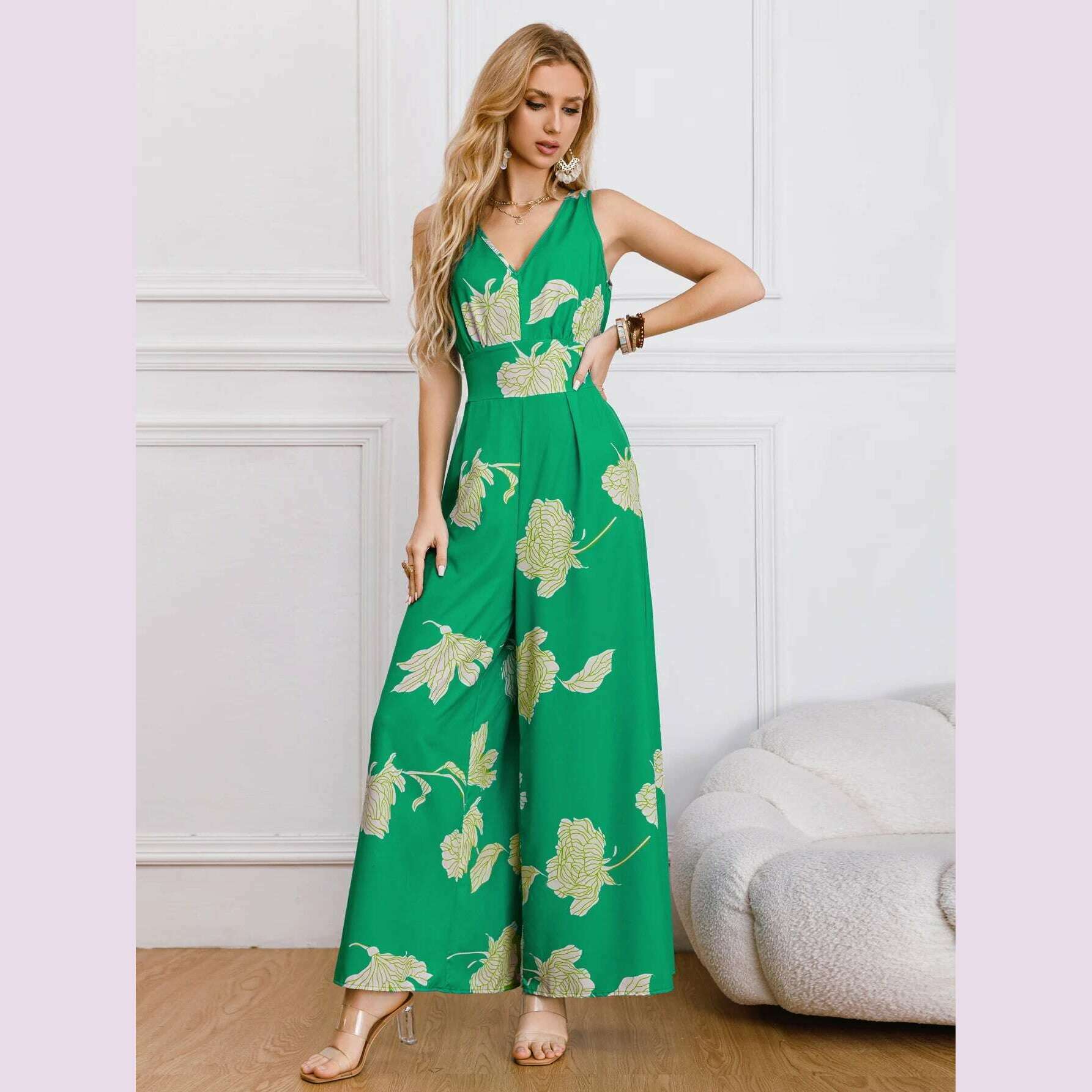 KIMLUD, Fashion Elegant Printed Wide Leg Jumpsuit Women Summer New Backless Strappy Vest Women's Jumpsuits, KIMLUD Womens Clothes
